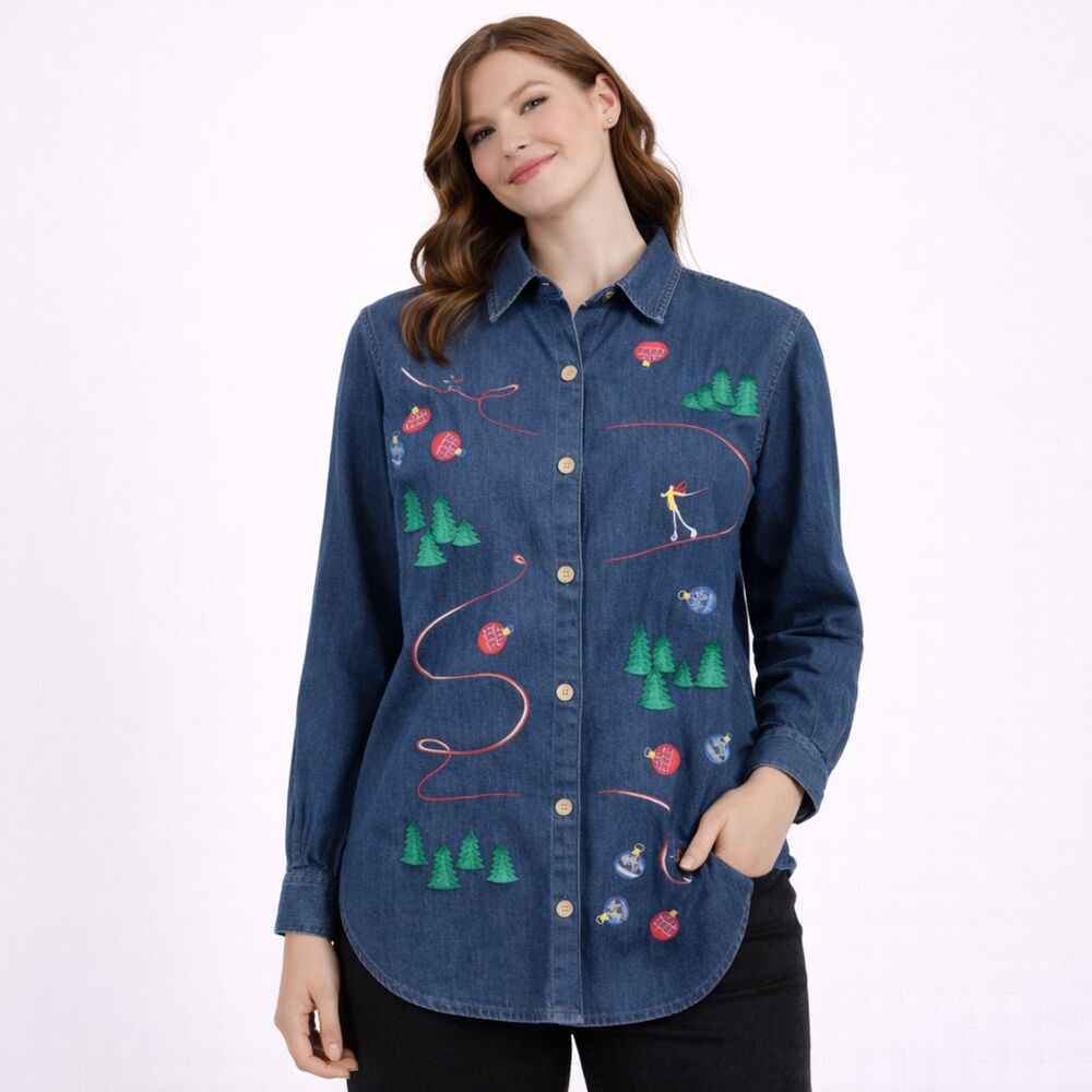 Westbound Outdoor Ski Holiday Denim Long Sleeve Christmas Top L